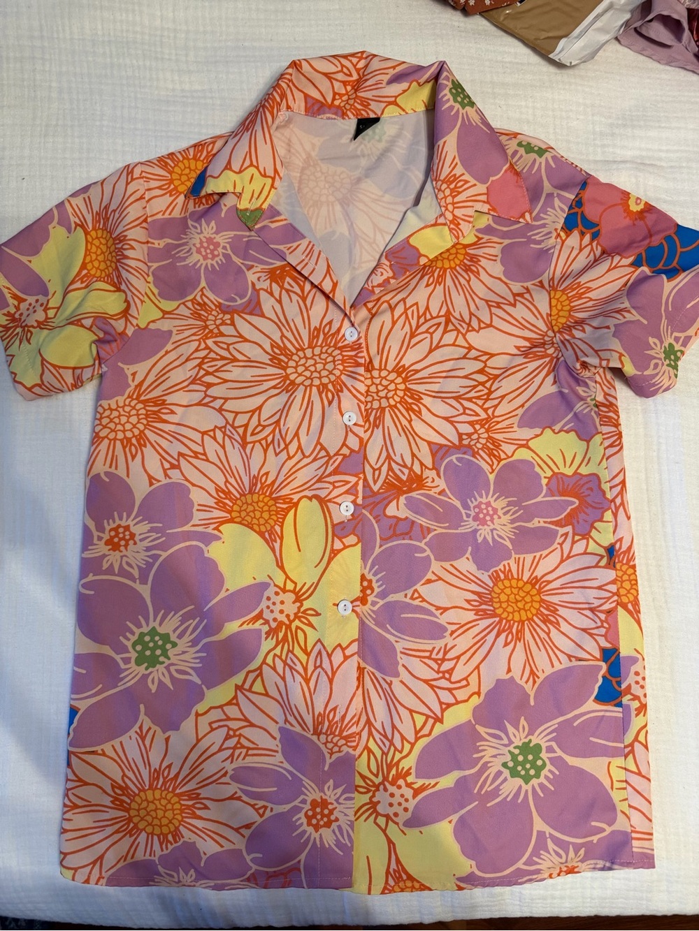 SHEIN Floral Button-Down Shirt in Lavender, Orange & Yellow
